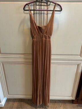 Wishlist Apparel Camel Brown V-Neck Maxi Dress with Smocked Waist NWT